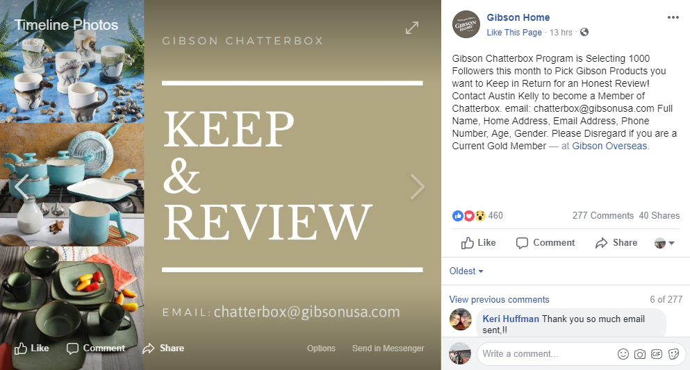 Gibson Home Keep and Review Facebook Screenshot