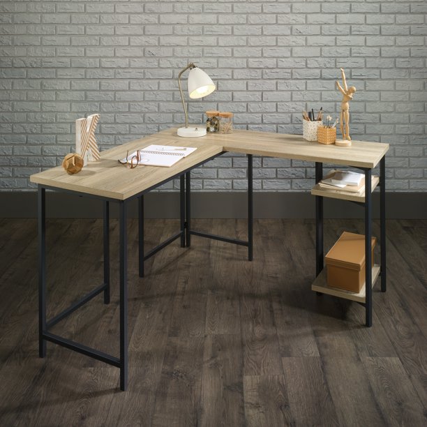 Open Shelf Wood and Metal L-Shaped Desk