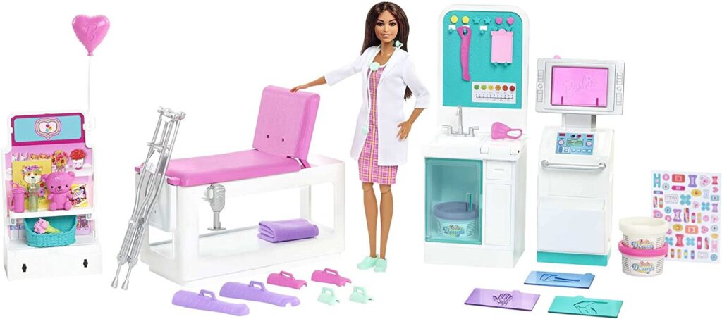 Barbie Fast Cast Clinic Play Set image featuring brunette Barbie Doll image