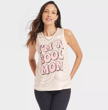 Model wearing 'I'm a Cool Mom' text tank top