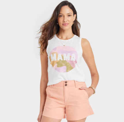 Model wearing a Mama themed tank top