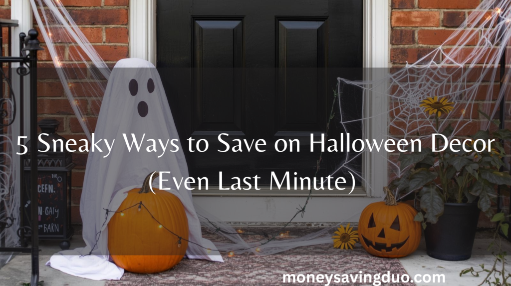 Entryway with Halloween Decorations in the Background and title of post in text